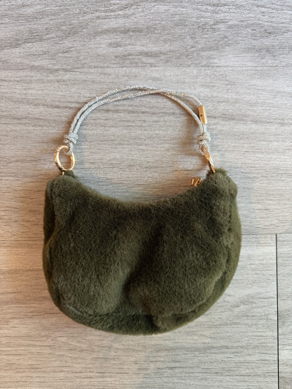 Olive Faux Fur Shoulder Bag with Gold Hardware